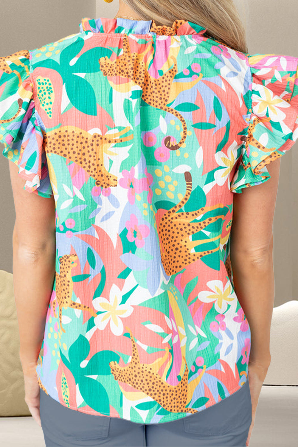 Ruffled Printed Tie Neck Cap Sleeve Blouse - Elegant 21