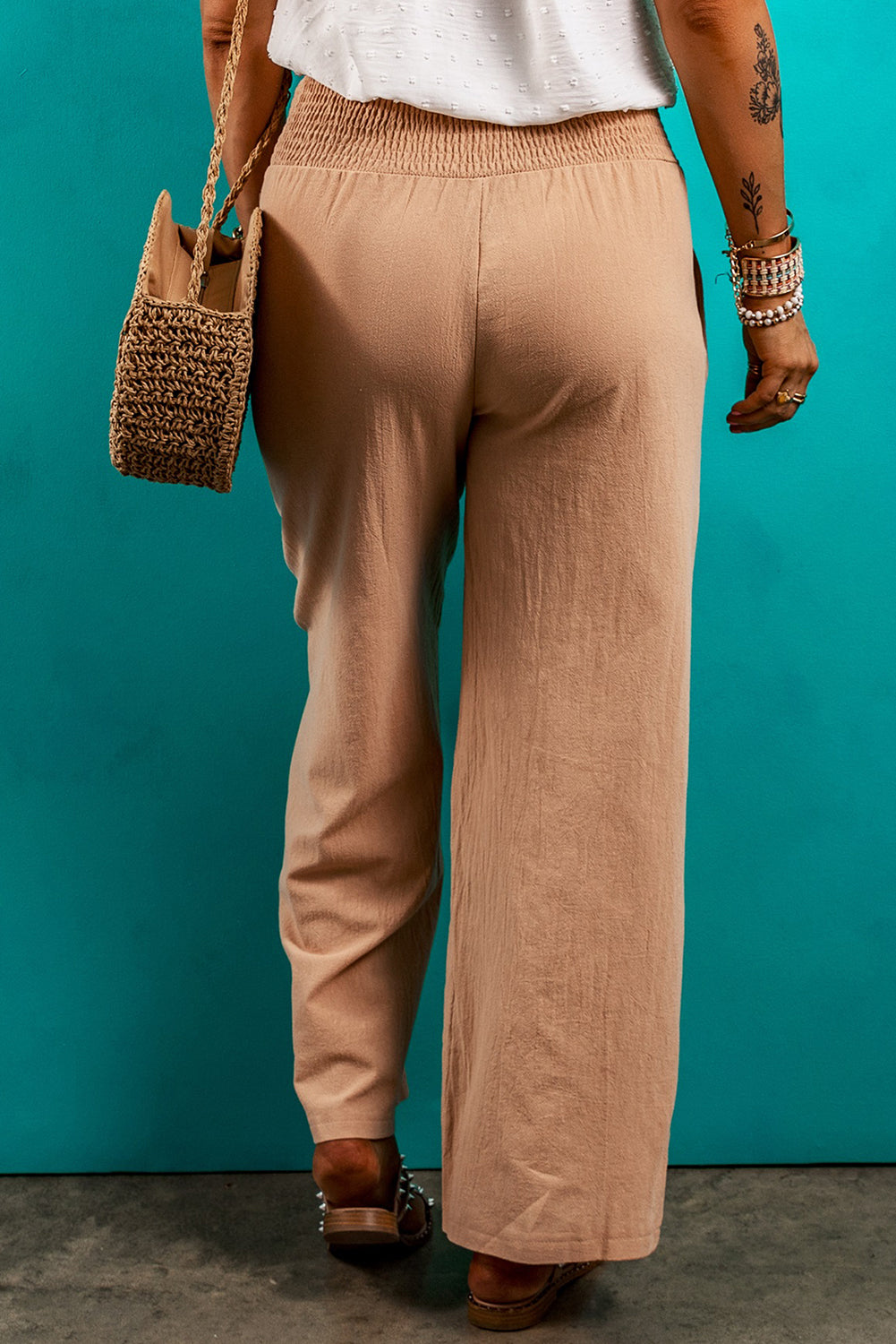 Smocked Elastic Waist Pants with Pockets - Elegant 21
