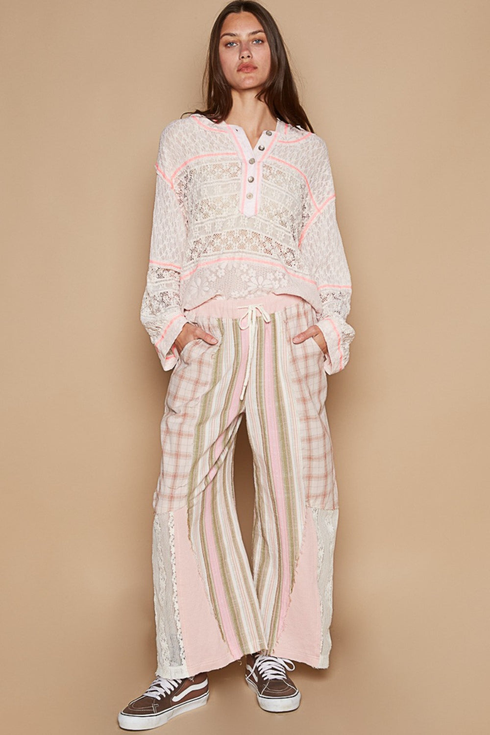 POL Drawstring Plaid Print Lace Straight Pants - Elegant 21