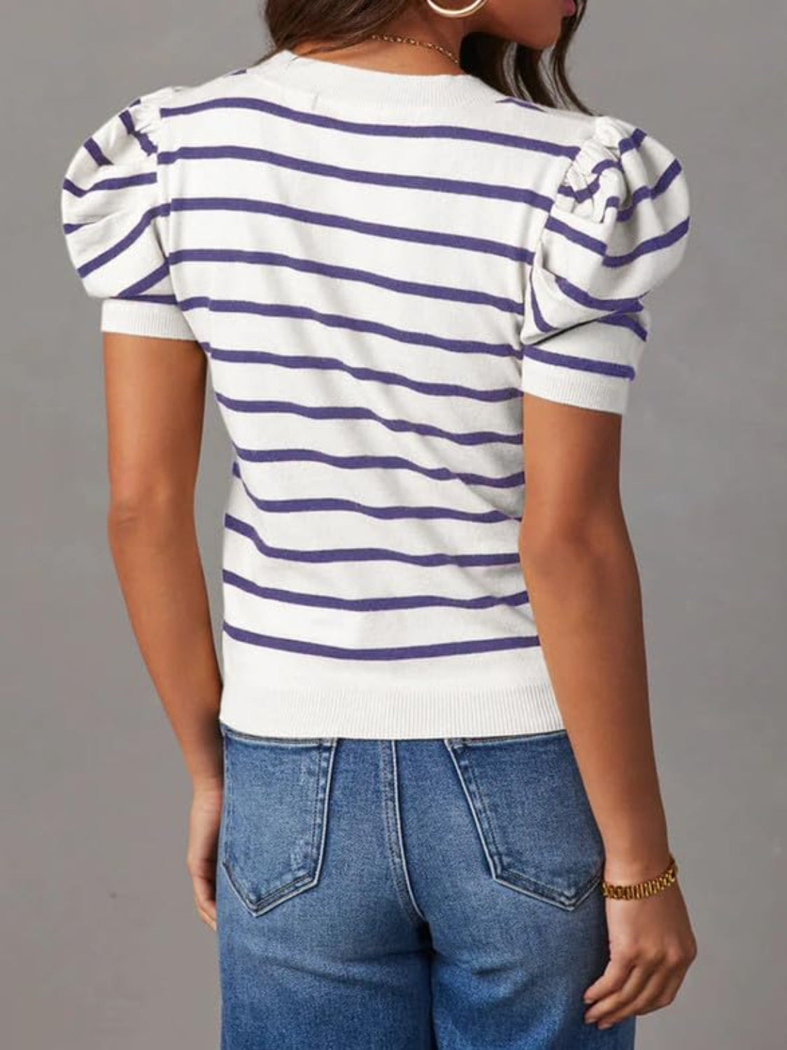 Striped Round Neck Puff Sleeve Knit Top - Elegant 21