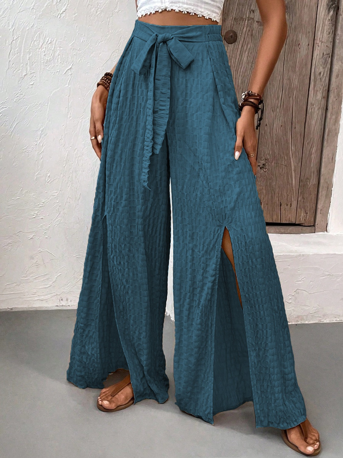Tied Slit Wide Leg Pants - Elegant 21