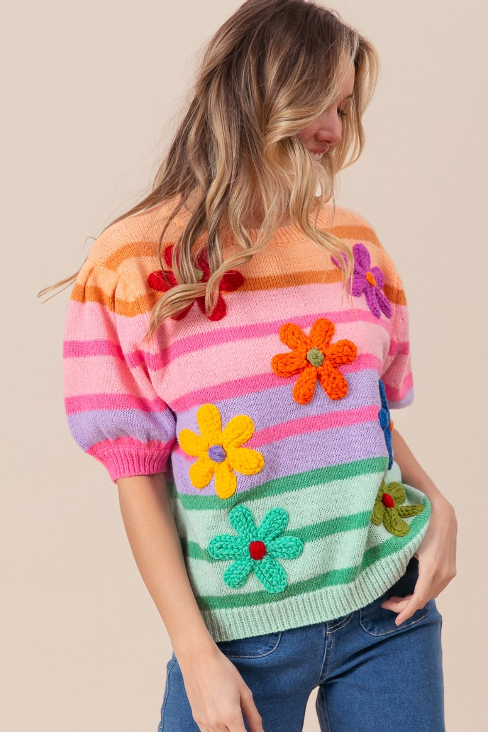 BiBi Flower Patch Puff Sleeve Striped Sweater - Elegant 21