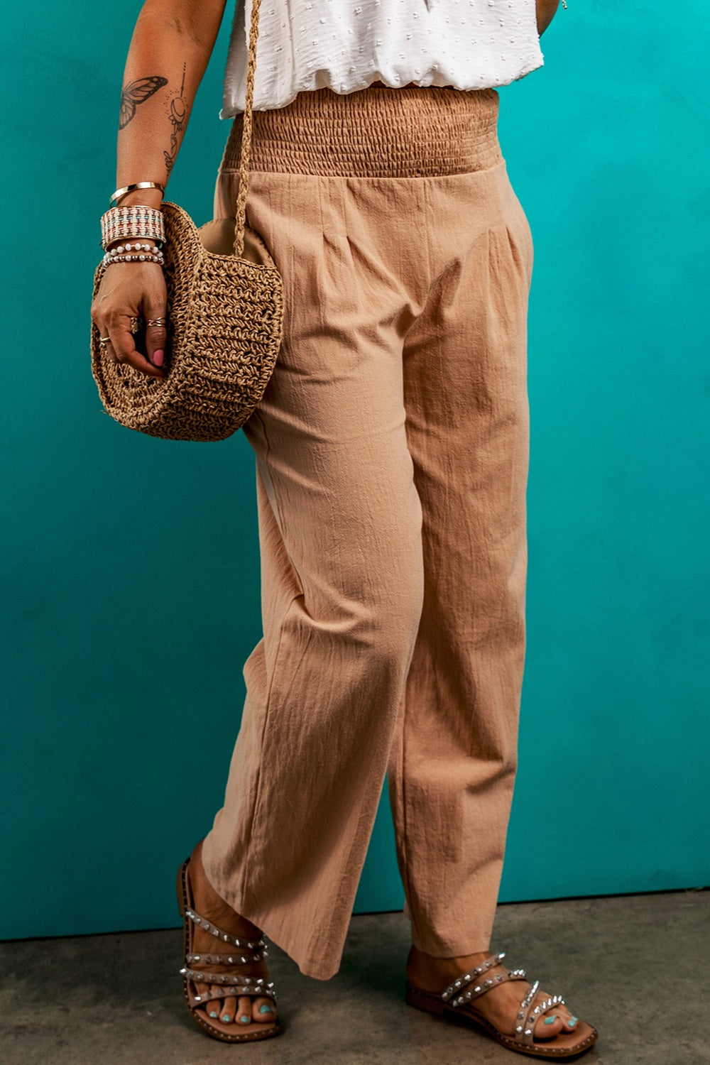 Smocked Elastic Waist Pants with Pockets - Elegant 21