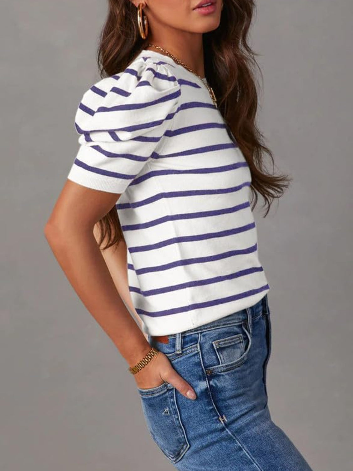 Striped Round Neck Puff Sleeve Knit Top - Elegant 21
