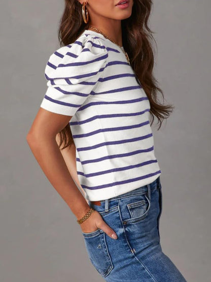 Striped Round Neck Puff Sleeve Knit Top - Elegant 21