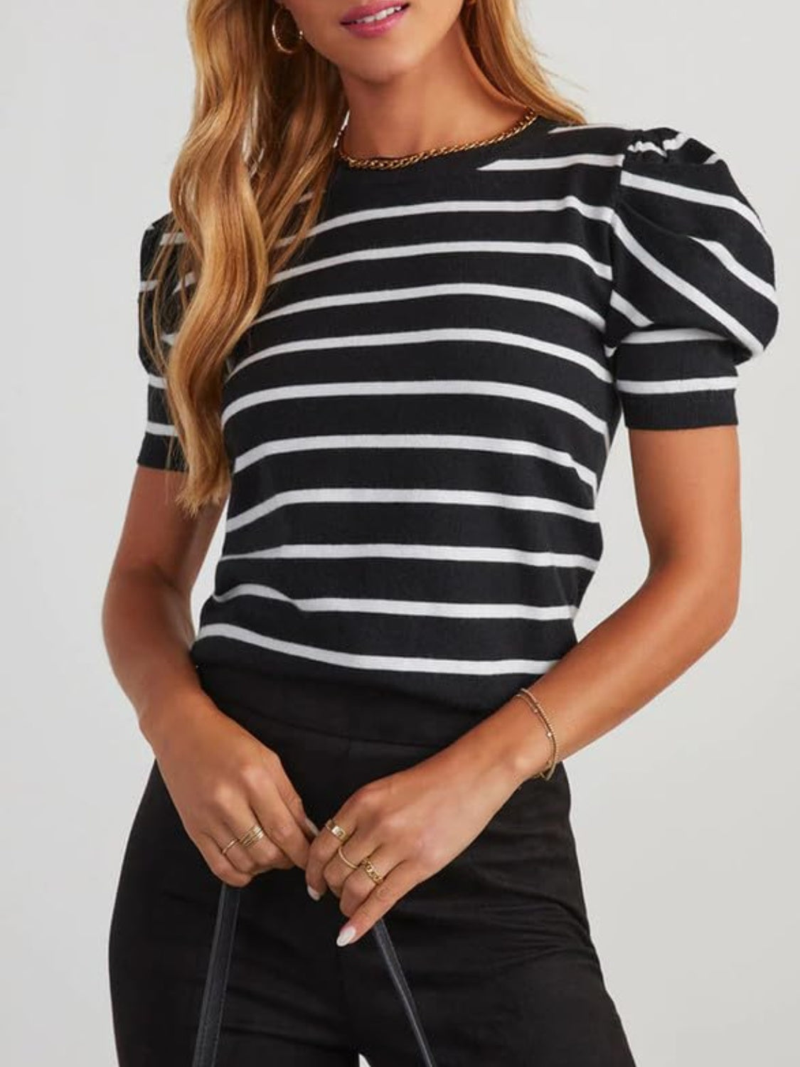 Striped Round Neck Puff Sleeve Knit Top - Elegant 21