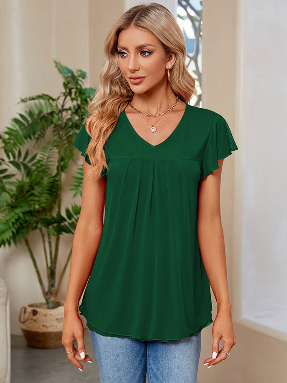 Ruched V-Neck Short Sleeve T-Shirt - Elegant 21