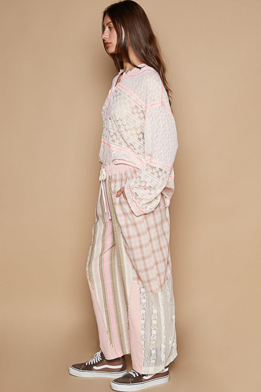 POL Drawstring Plaid Print Lace Straight Pants - Elegant 21