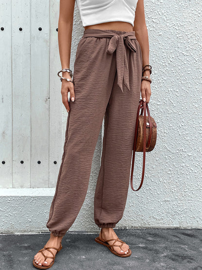 Tied High Waist Pants with Pockets - Elegant 21