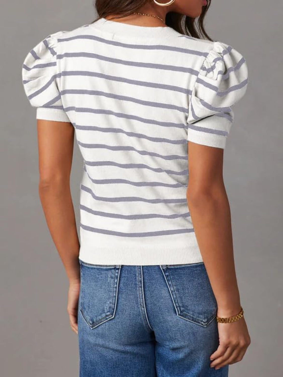 Striped Round Neck Puff Sleeve Knit Top - Elegant 21