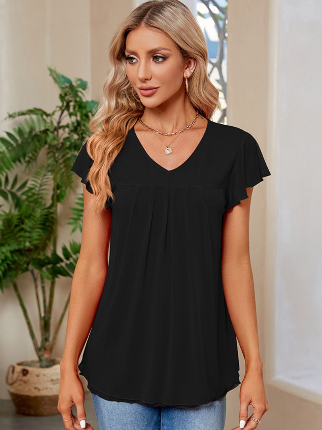 Ruched V-Neck Short Sleeve T-Shirt - Elegant 21