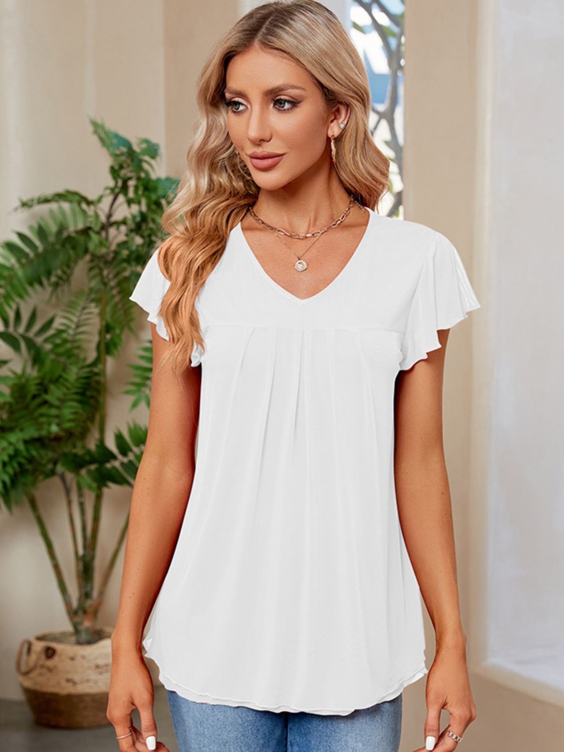 Ruched V-Neck Short Sleeve T-Shirt - Elegant 21