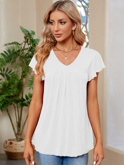 Ruched V-Neck Short Sleeve T-Shirt - Elegant 21