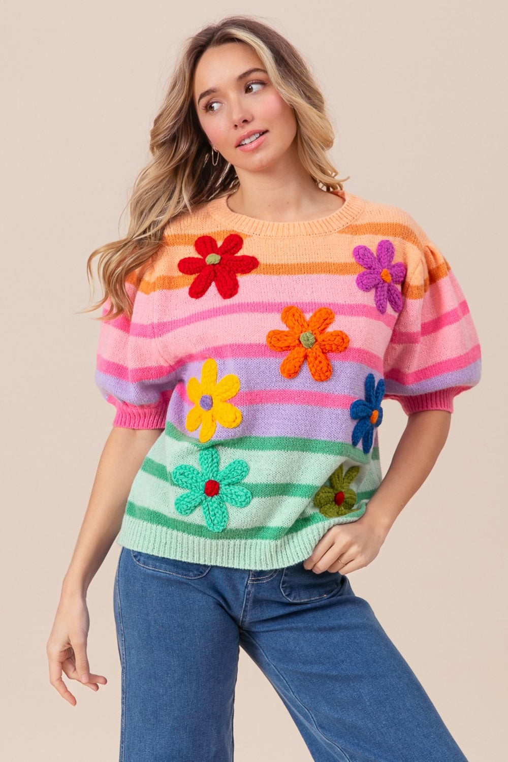 BiBi Flower Patch Puff Sleeve Striped Sweater - Elegant 21
