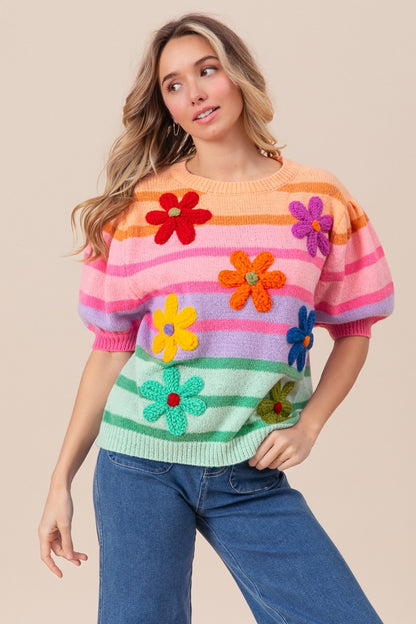 BiBi Flower Patch Puff Sleeve Striped Sweater - Elegant 21