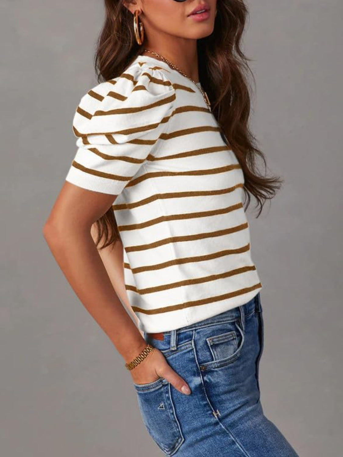 Striped Round Neck Puff Sleeve Knit Top - Elegant 21