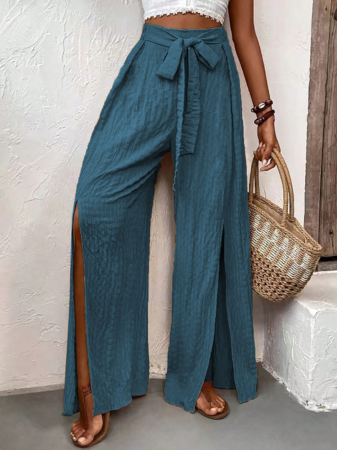 Tied Slit Wide Leg Pants - Elegant 21