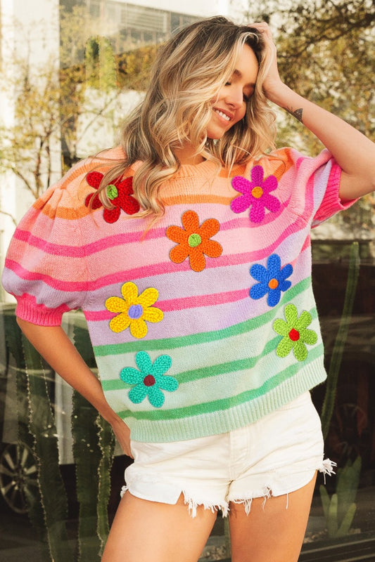 BiBi Flower Patch Puff Sleeve Striped Sweater - Elegant 21