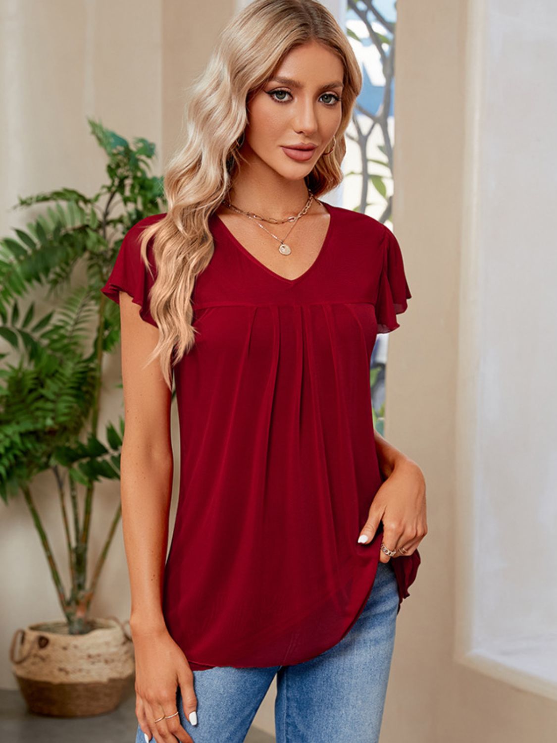 Ruched V-Neck Short Sleeve T-Shirt - Elegant 21