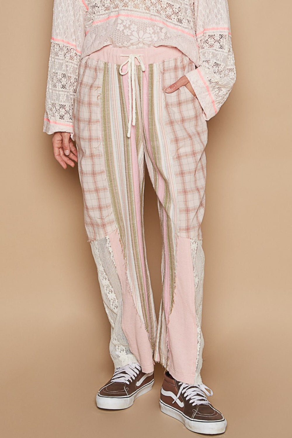 POL Drawstring Plaid Print Lace Straight Pants - Elegant 21