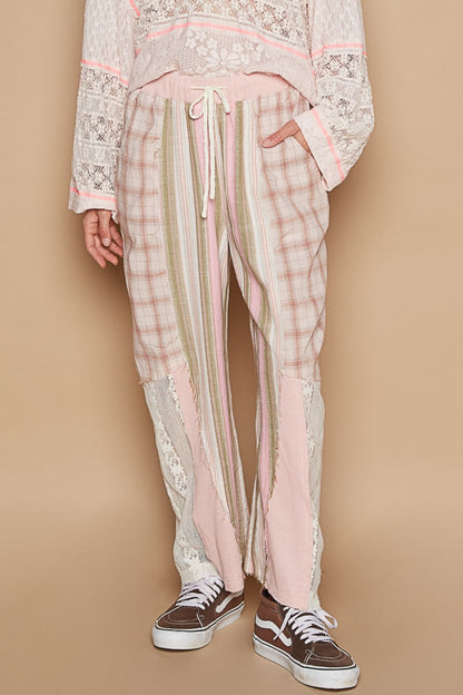 POL Drawstring Plaid Print Lace Straight Pants - Elegant 21