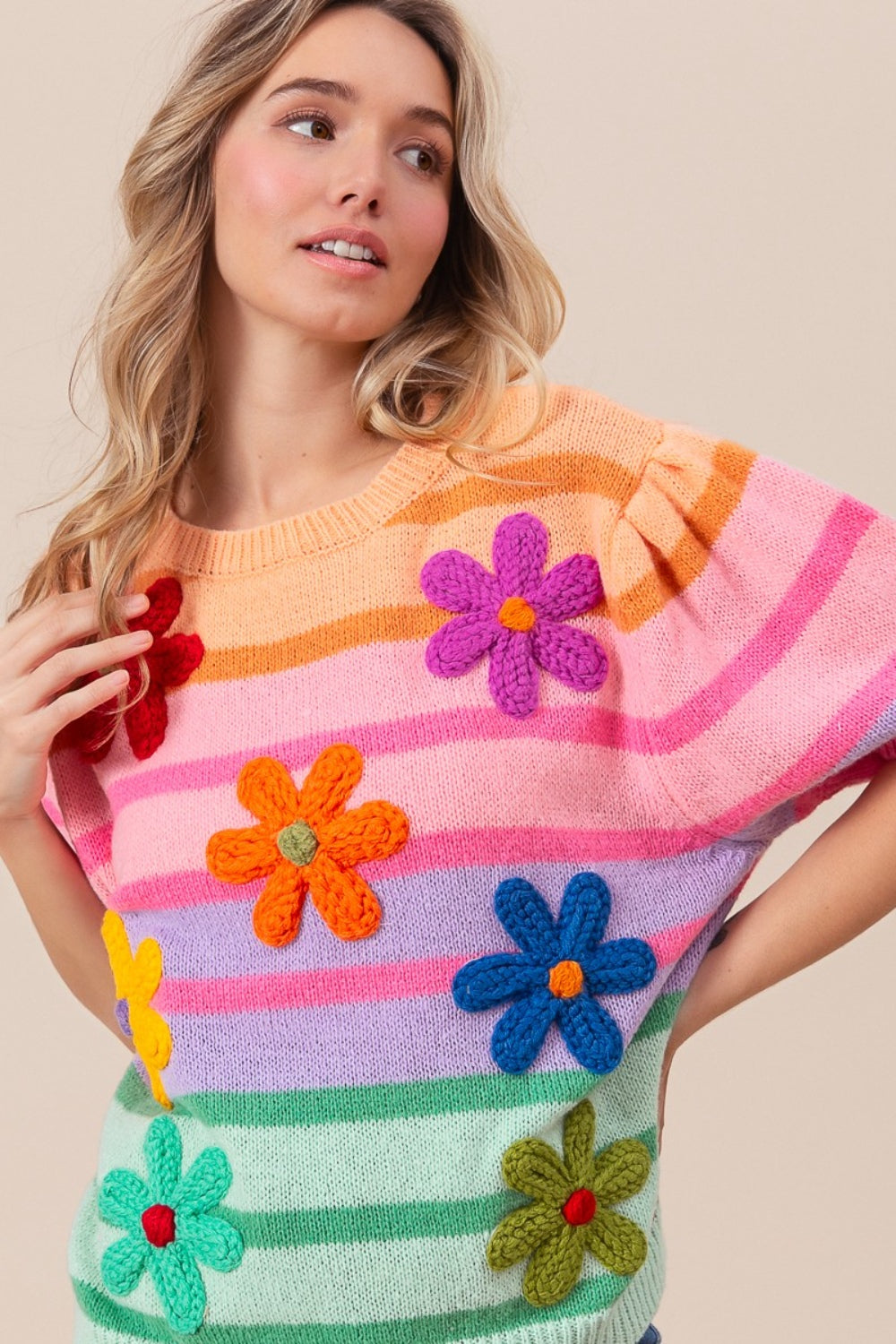BiBi Flower Patch Puff Sleeve Striped Sweater - Elegant 21