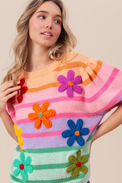 BiBi Flower Patch Puff Sleeve Striped Sweater - Elegant 21