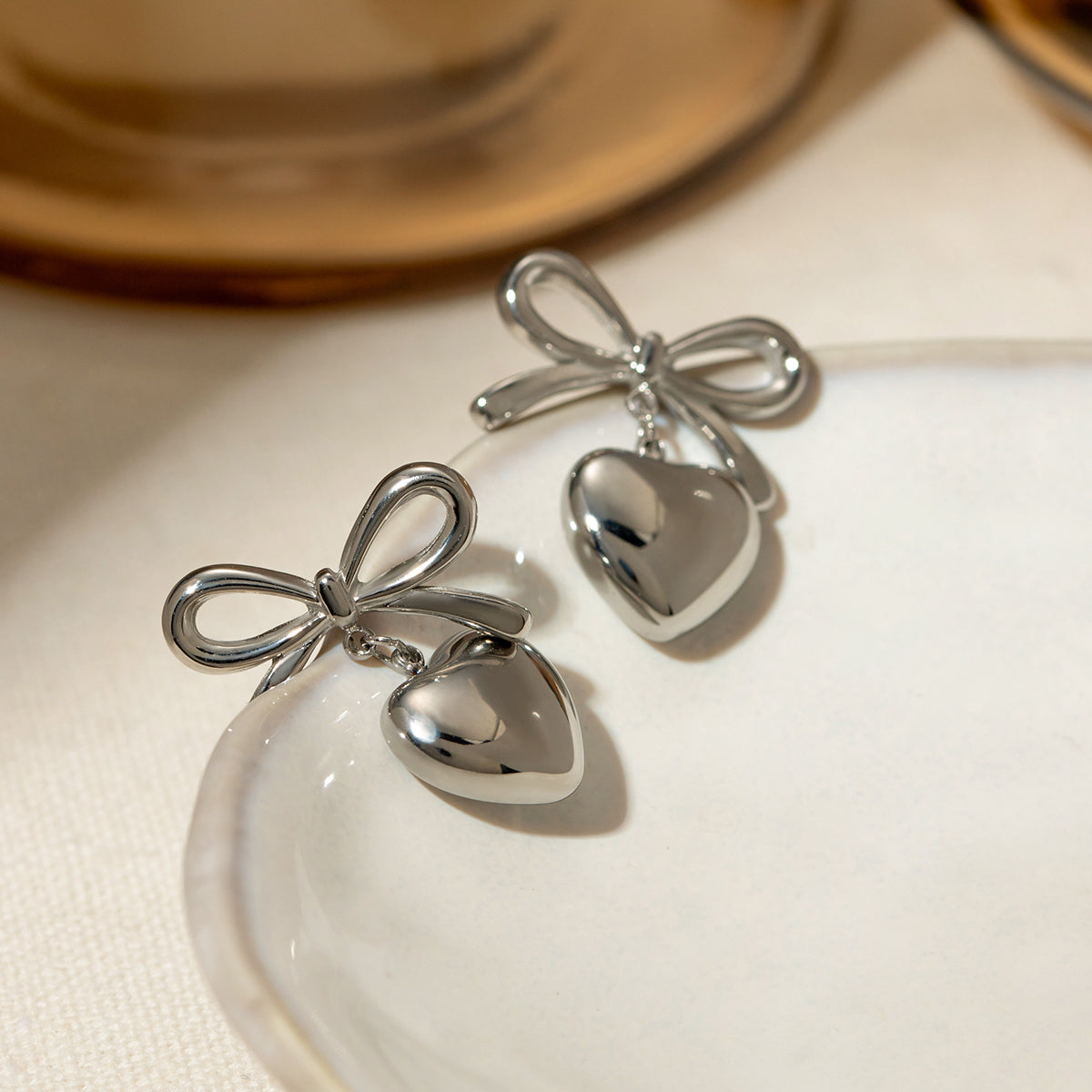 Stainless Steel Bow & Heart Drop Earrings - Elegant 21