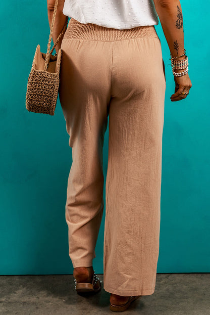 Smocked Elastic Waist Pants with Pockets - Elegant 21