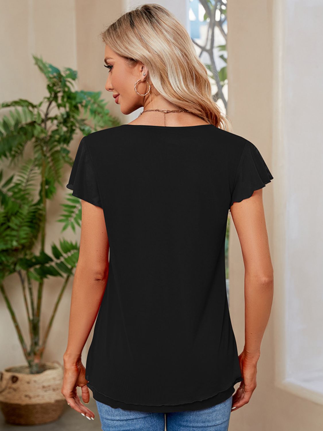 Ruched V-Neck Short Sleeve T-Shirt - Elegant 21
