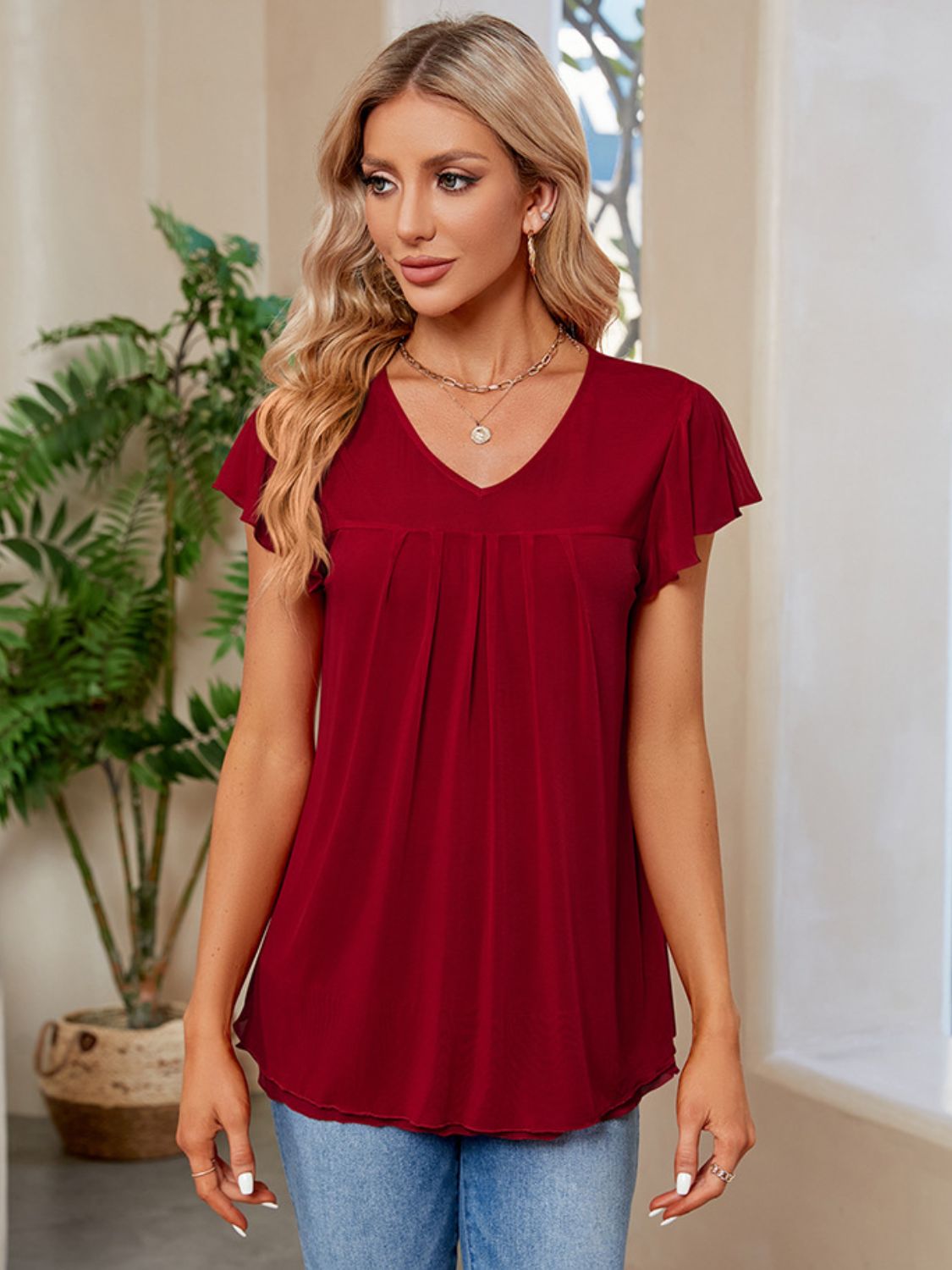 Ruched V-Neck Short Sleeve T-Shirt - Elegant 21