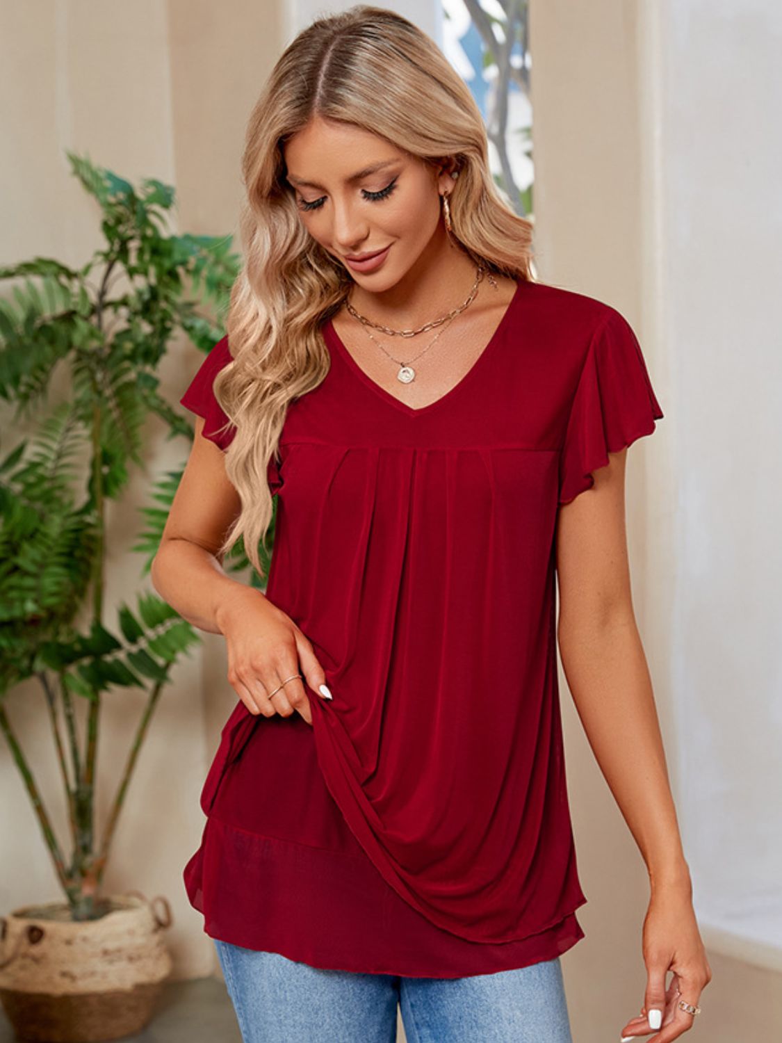 Ruched V-Neck Short Sleeve T-Shirt - Elegant 21