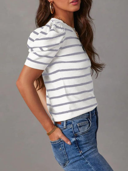 Striped Round Neck Puff Sleeve Knit Top - Elegant 21