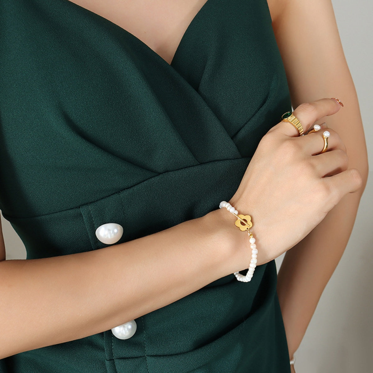 Titanium Steel Pearl Flower Bracelet - Elegant 21