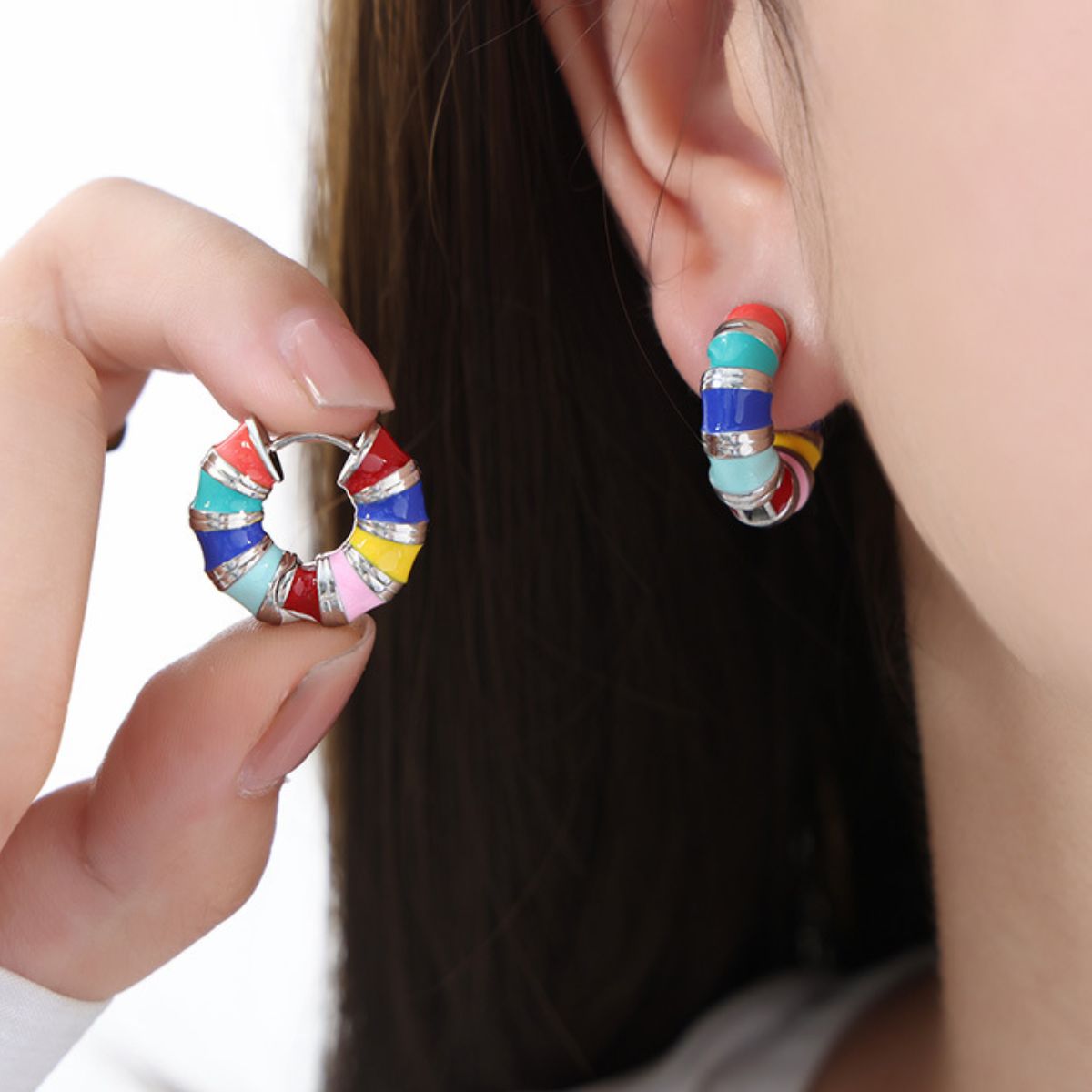 Titanium Steel Enamel Hoop Earrings - Elegant 21