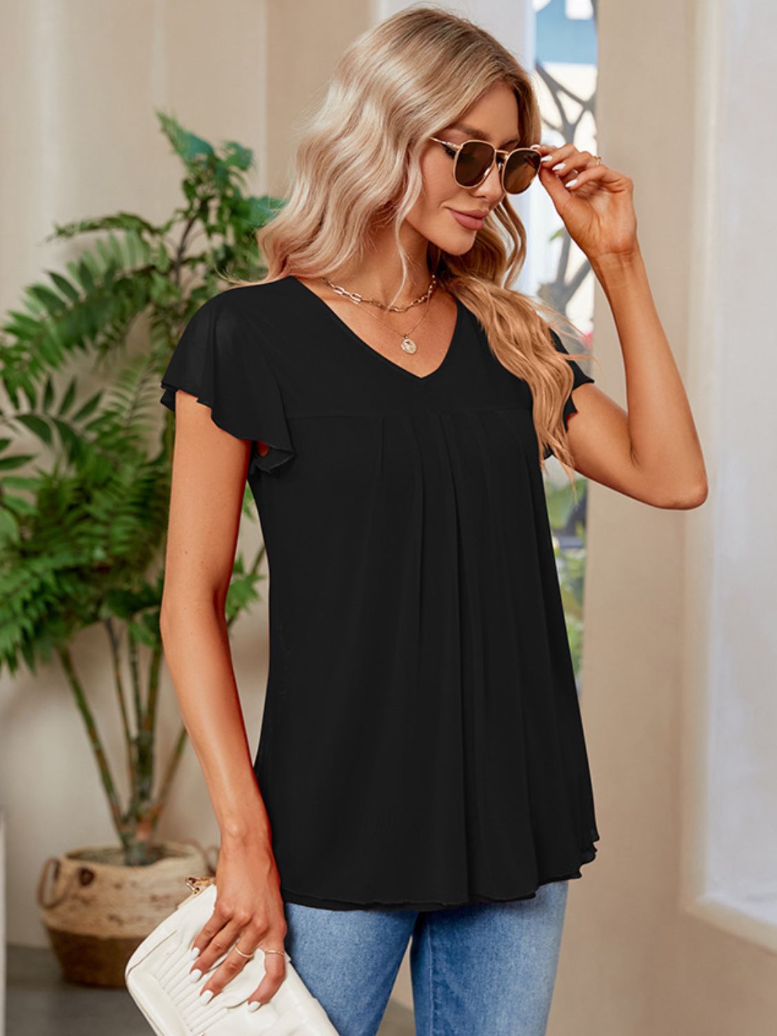 Ruched V-Neck Short Sleeve T-Shirt - Elegant 21
