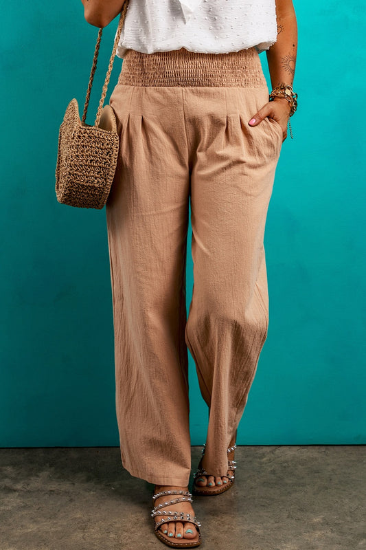 Smocked Elastic Waist Pants with Pockets - Elegant 21
