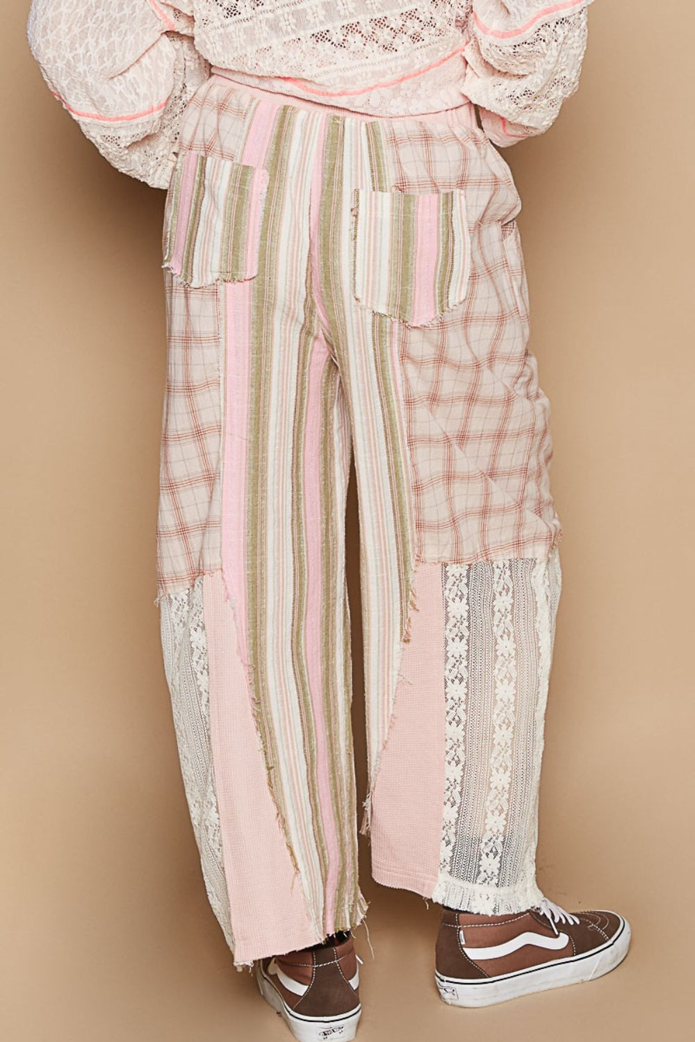 POL Drawstring Plaid Print Lace Straight Pants - Elegant 21