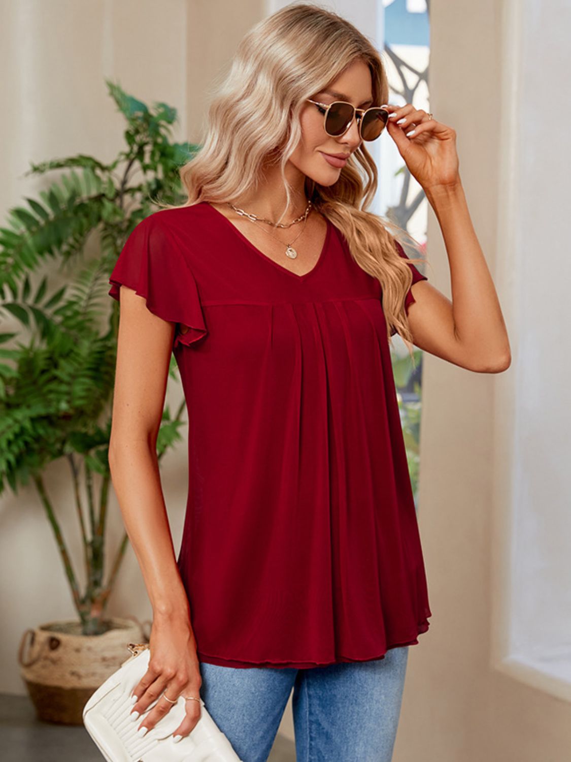 Ruched V-Neck Short Sleeve T-Shirt - Elegant 21