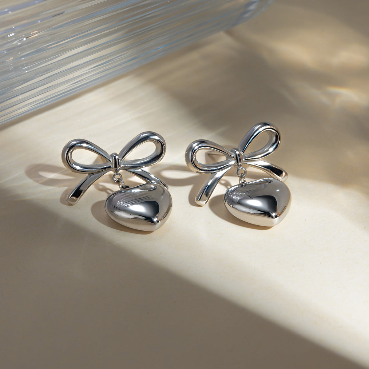 Stainless Steel Bow & Heart Drop Earrings - Elegant 21