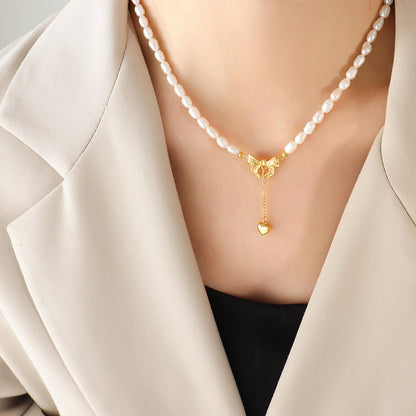 Titanium Steel Freshwater Pearl Heart Necklace - Elegant 21