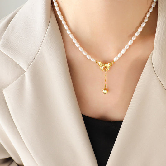Titanium Steel Freshwater Pearl Heart Necklace - Elegant 21
