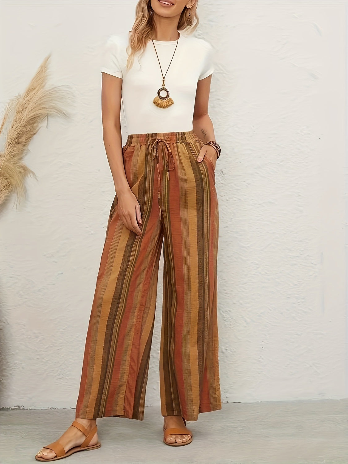 Full Size Drawstring Striped Wide Leg Pants - Elegant 21