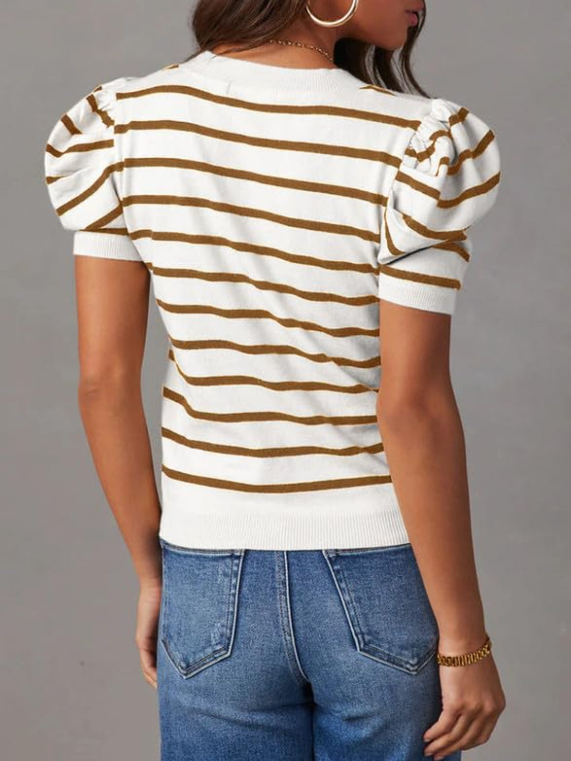 Striped Round Neck Puff Sleeve Knit Top - Elegant 21