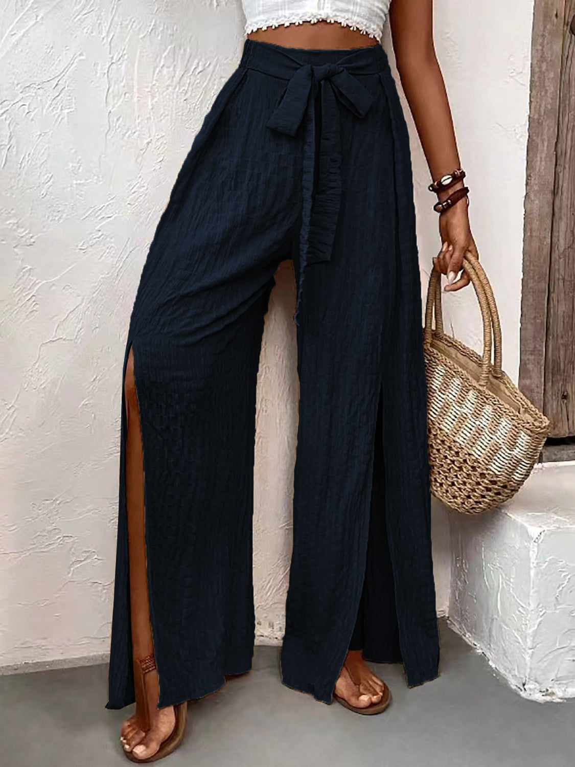 Tied Slit Wide Leg Pants - Elegant 21