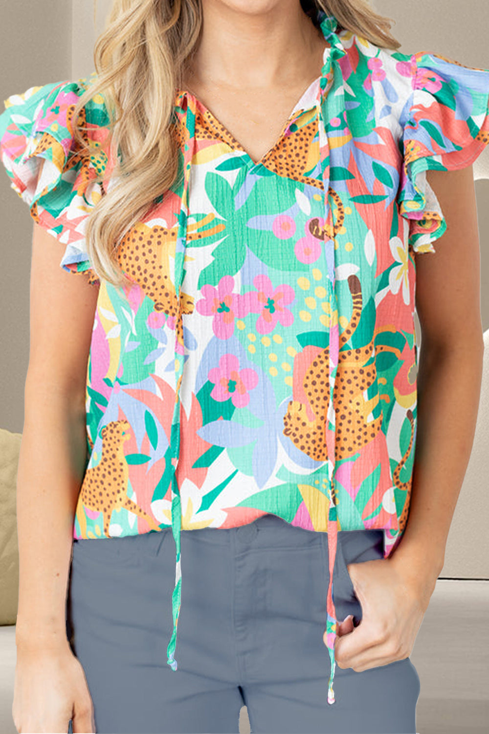 Ruffled Printed Tie Neck Cap Sleeve Blouse - Elegant 21