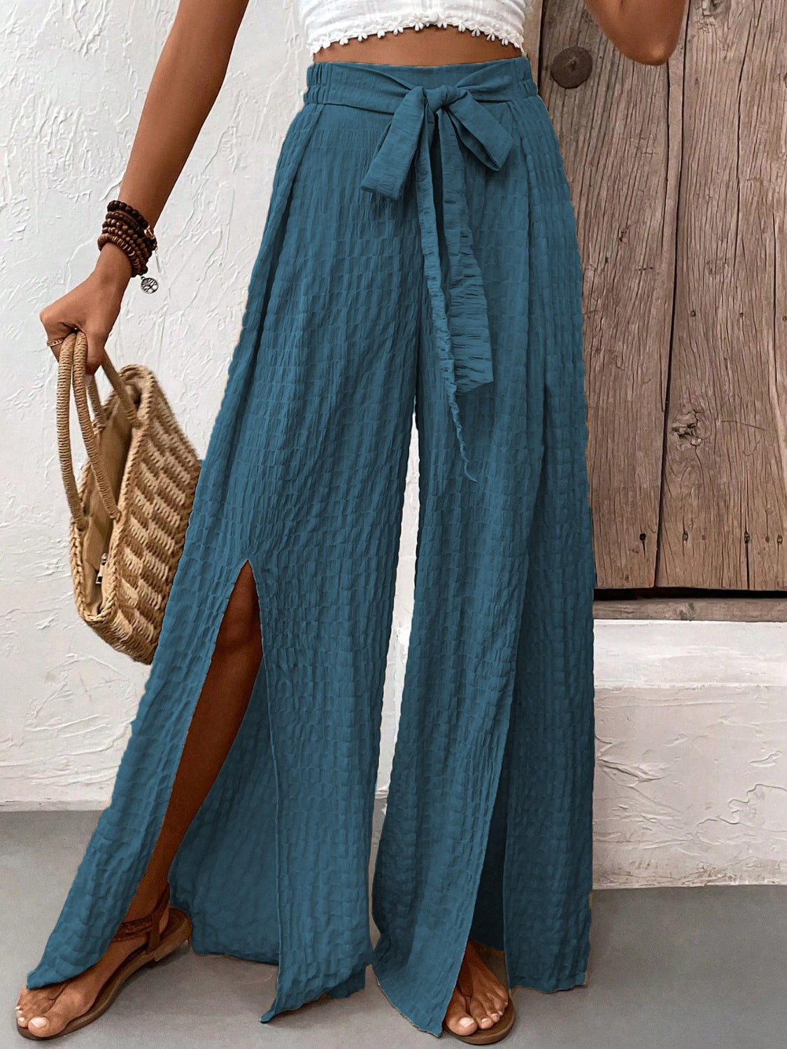 Tied Slit Wide Leg Pants - Elegant 21