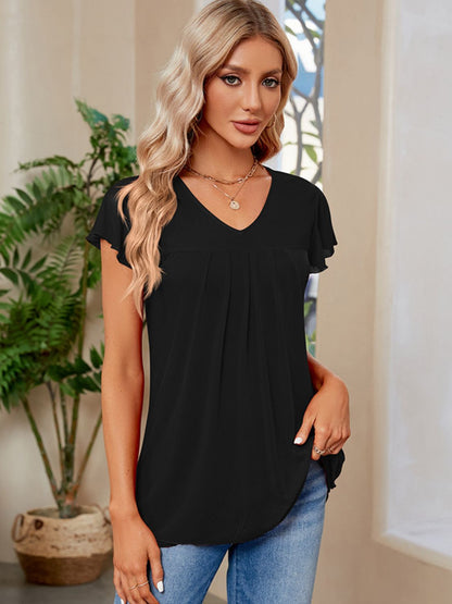 Ruched V-Neck Short Sleeve T-Shirt - Elegant 21