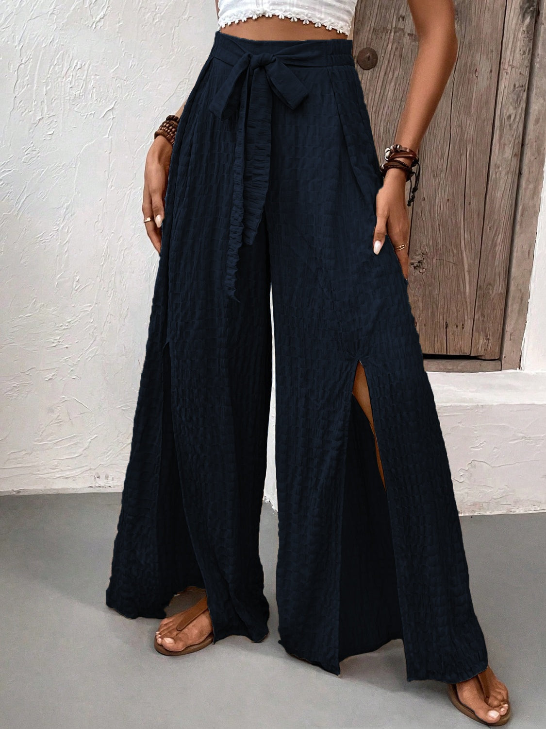 Tied Slit Wide Leg Pants - Elegant 21