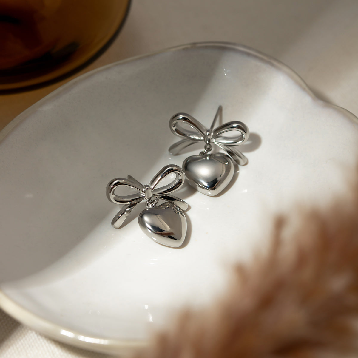 Stainless Steel Bow & Heart Drop Earrings - Elegant 21